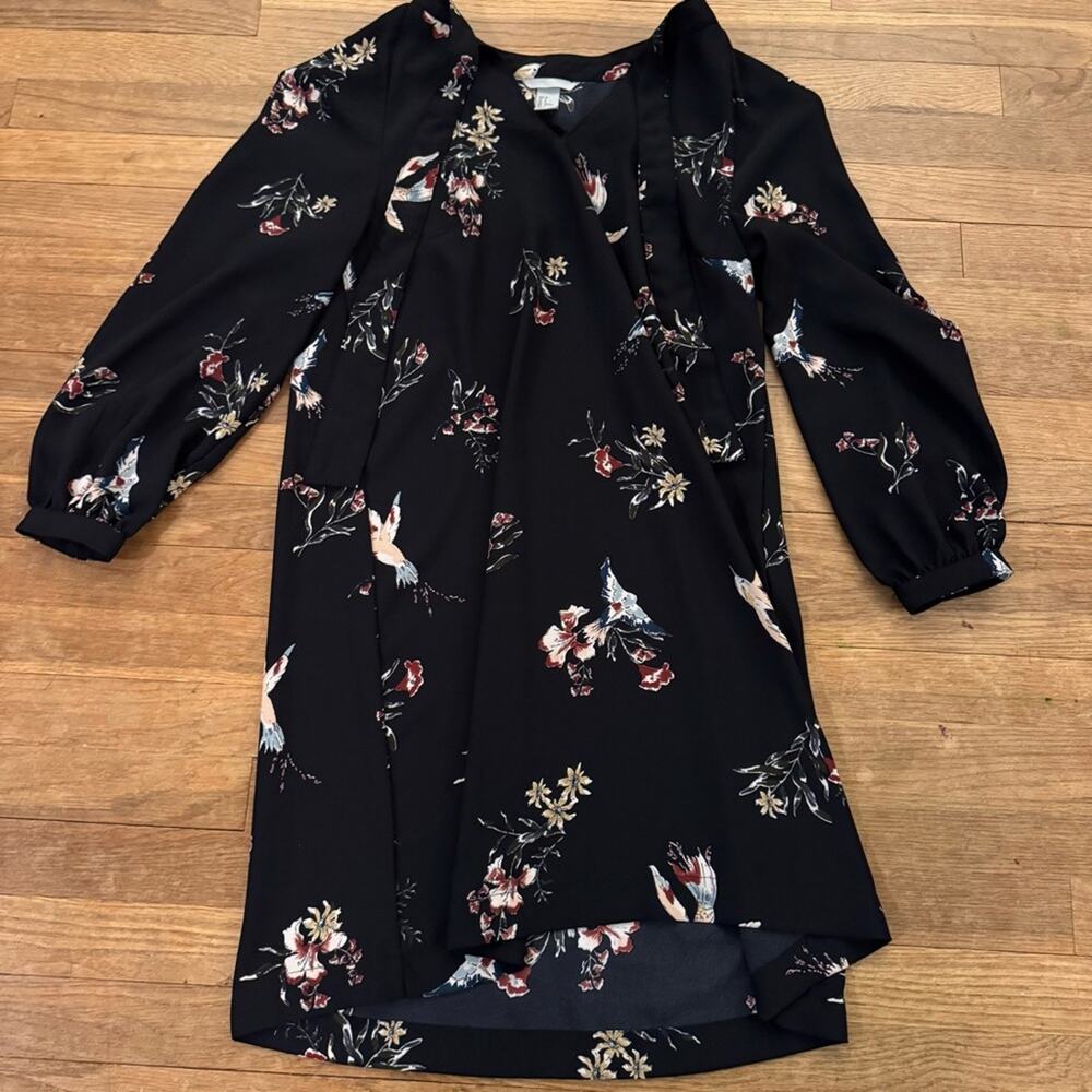 H&M bird floral flower long sleeve mini shift dress size 8
 b59